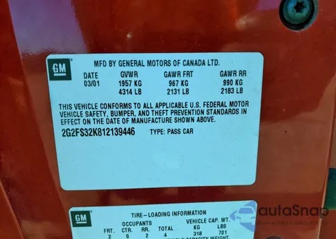 2001 Pontiac Firebird z USA, uszkodzony, nr VIN 2G2FS32K812139446